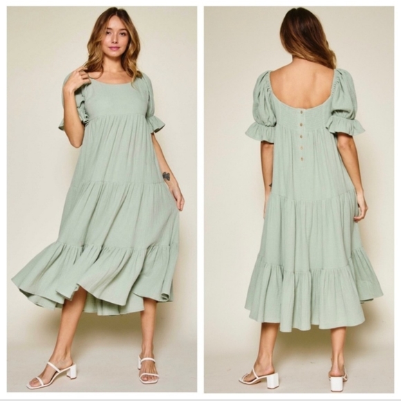 Beautiful Laura Short Sleeve Tiered Midi Prairie Cotton Dress - Picture 3 of 6